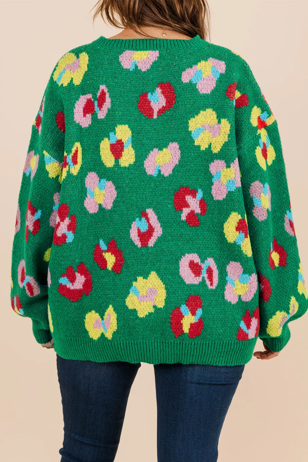 Green Plus Size Floral Knitted Ribbed Edge Drop Shoulder Sweater sold by Beagle Boutique product image thumbnail 2