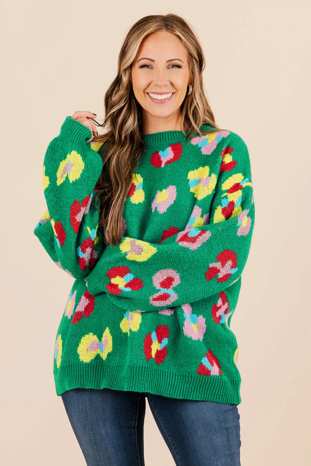 Green Plus Size Floral Knitted Ribbed Edge Drop Shoulder Sweater sold by Beagle Boutique product image thumbnail 3