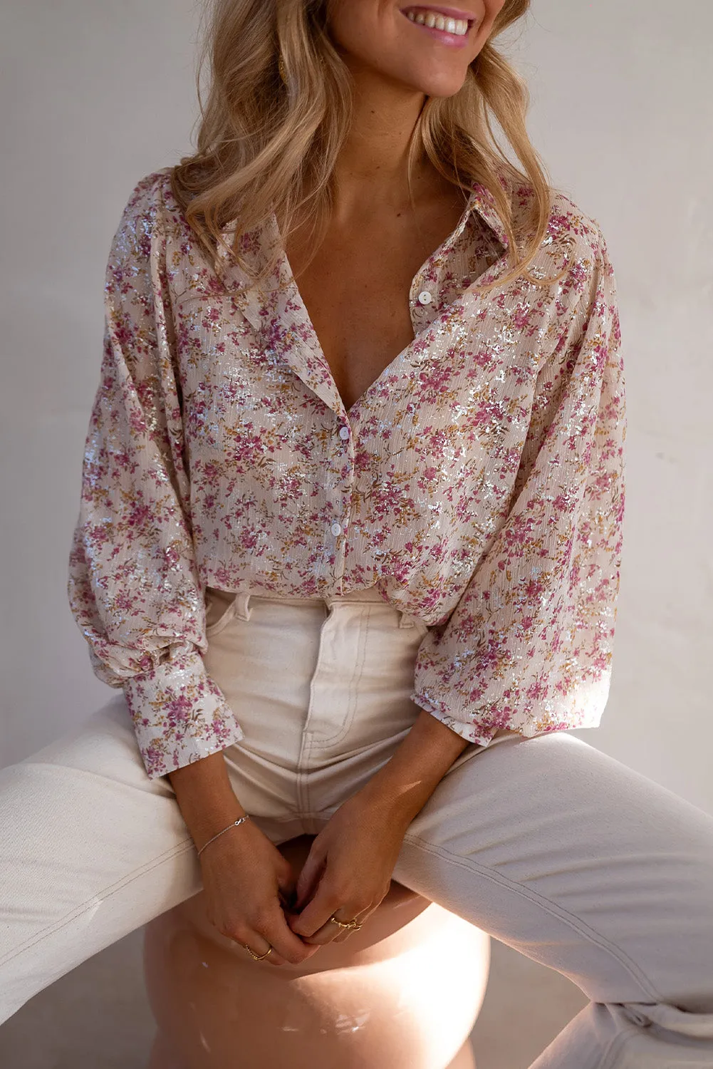 Pink Floral Print Bishop Sleeve Collared V Neck Shirt sold by Beagle Boutique