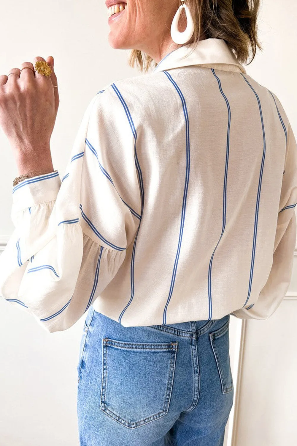 Sky Blue Stripe Drop Shoulder Bubble Sleeve Loose Shirt sold by Beagle Boutique product image thumbnail 2