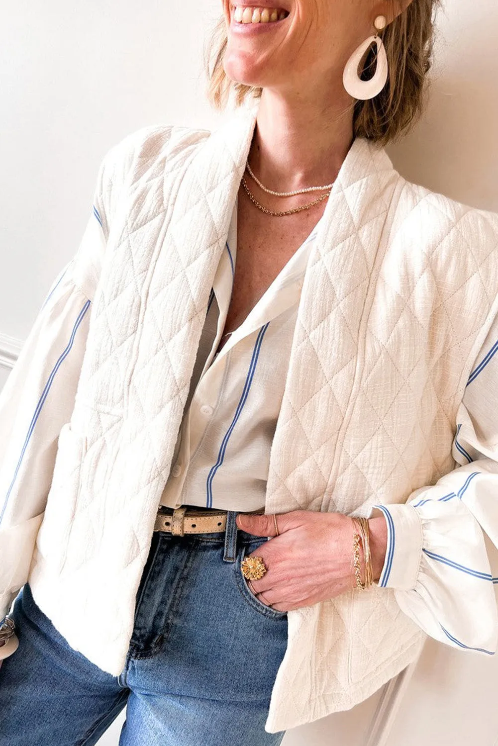 Sky Blue Stripe Drop Shoulder Bubble Sleeve Loose Shirt sold by Beagle Boutique product image thumbnail 3