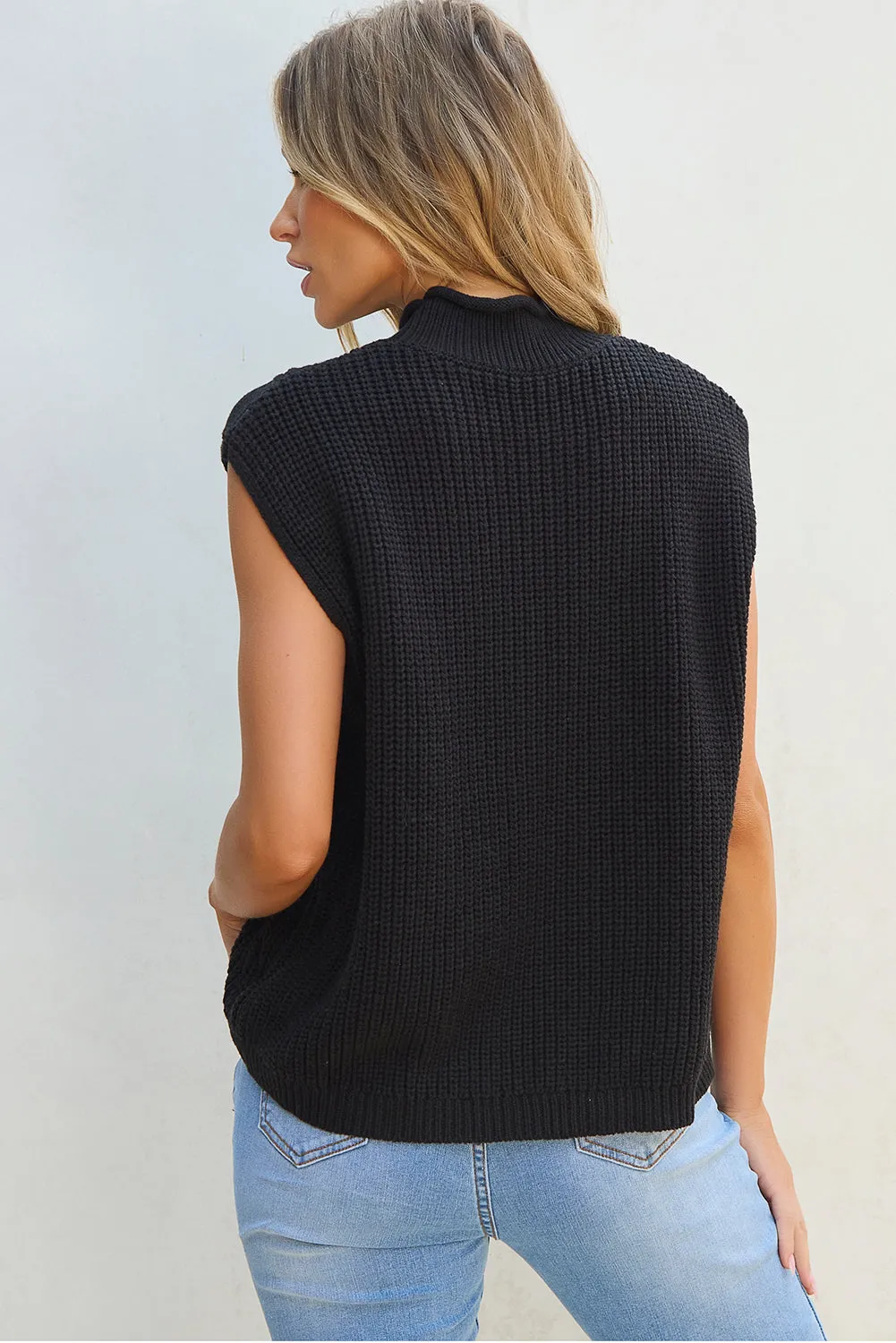 Black Solid Colour Cable Knit High Neck Sweater Vest sold by Beagle Boutique product image thumbnail 2