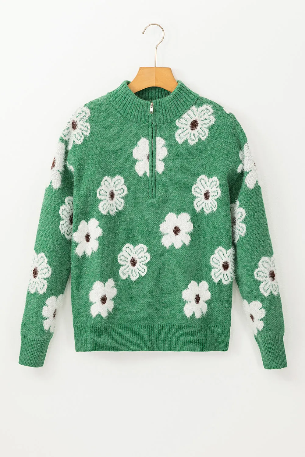 Green Floral Pattern Half Zip Drop Shoulder Sweater sold by Beagle Boutique product image thumbnail 3