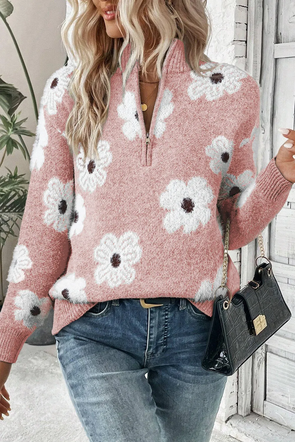 Green Floral Pattern Half Zip Drop Shoulder Sweater sold by Beagle Boutique product image thumbnail 4