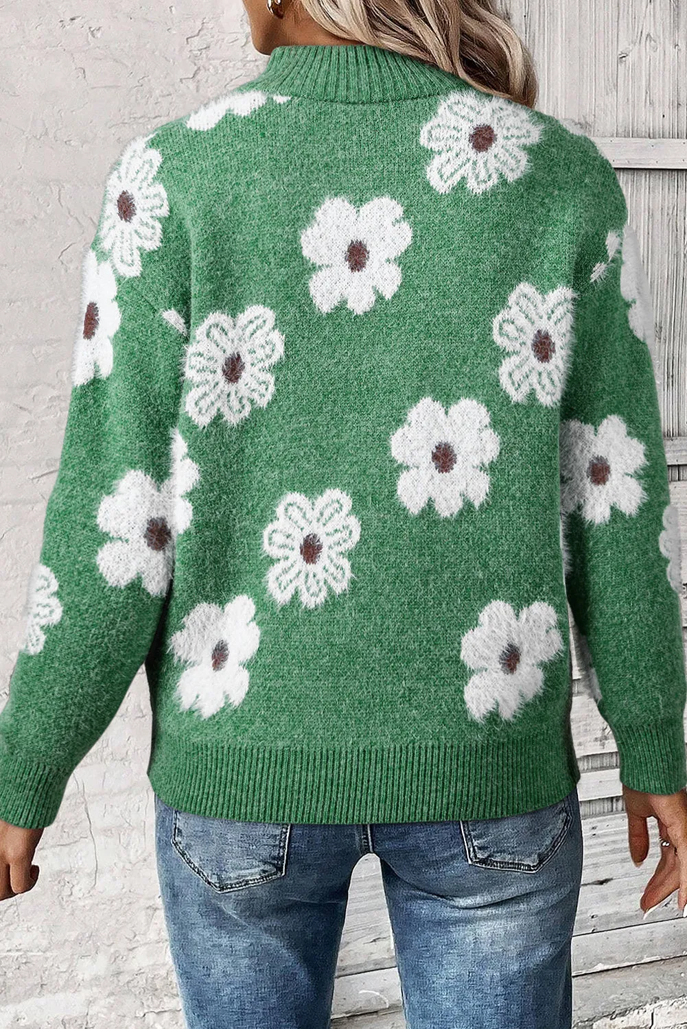 Green Floral Pattern Half Zip Drop Shoulder Sweater sold by Beagle Boutique product image thumbnail 2