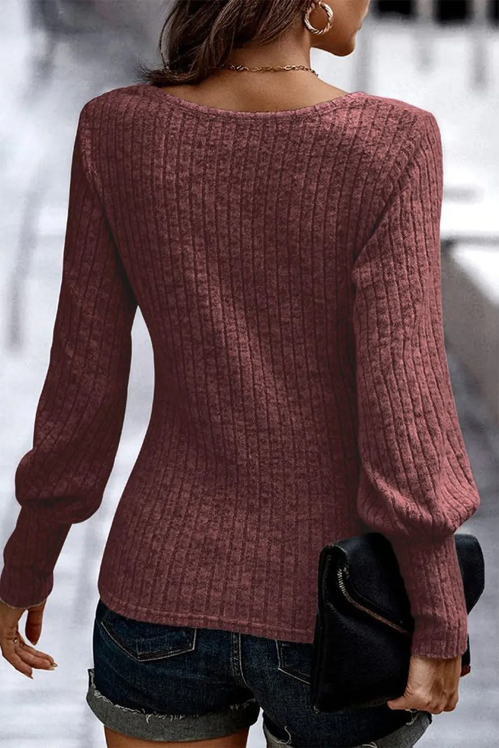 Mineral Red Ribbed Bishop Sleeve Round Neck Top sold by Beagle Boutique product image thumbnail 2