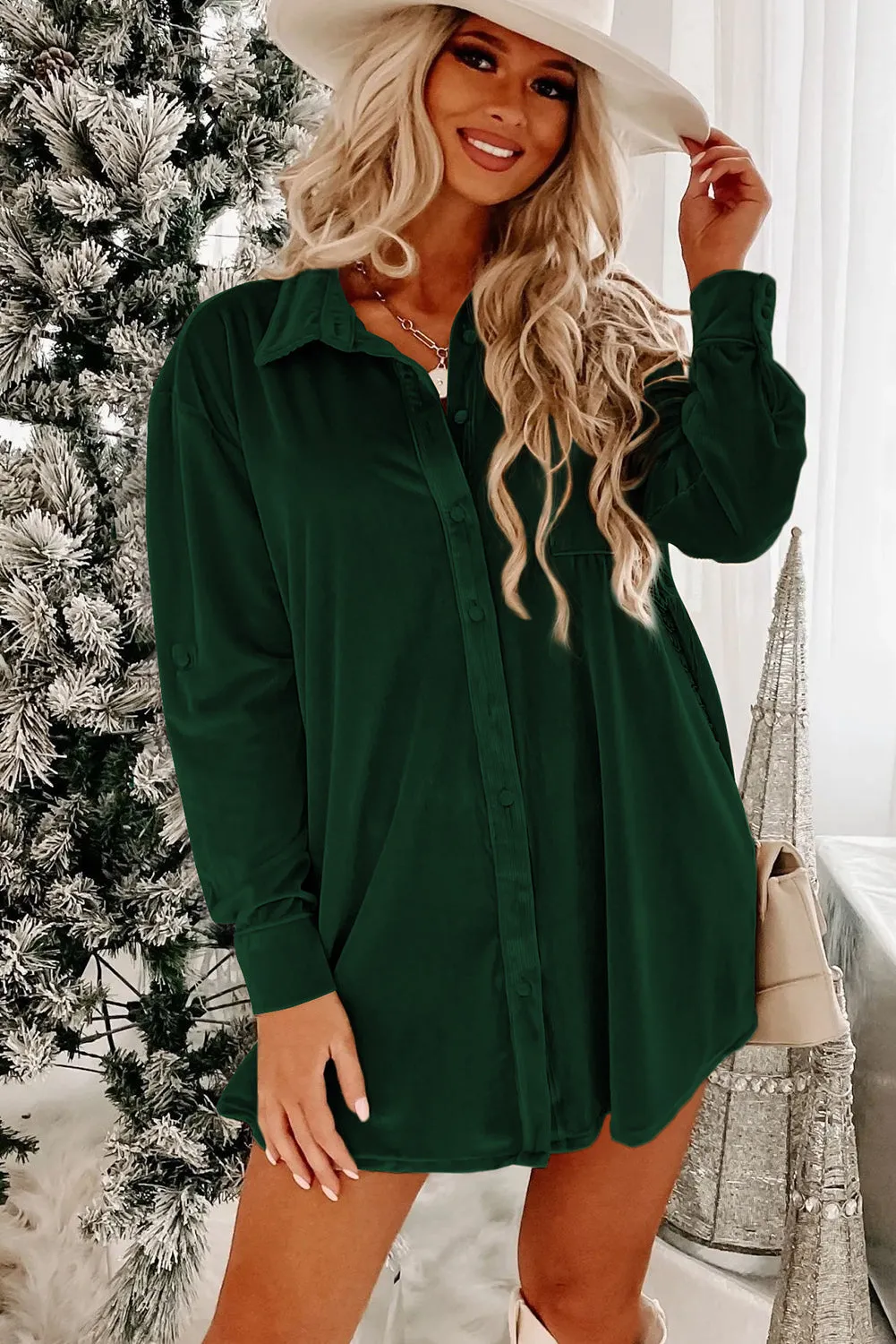 Blackish Green Velvet Button Front Shirt Mini Dress sold by Beagle Boutique product image thumbnail 3
