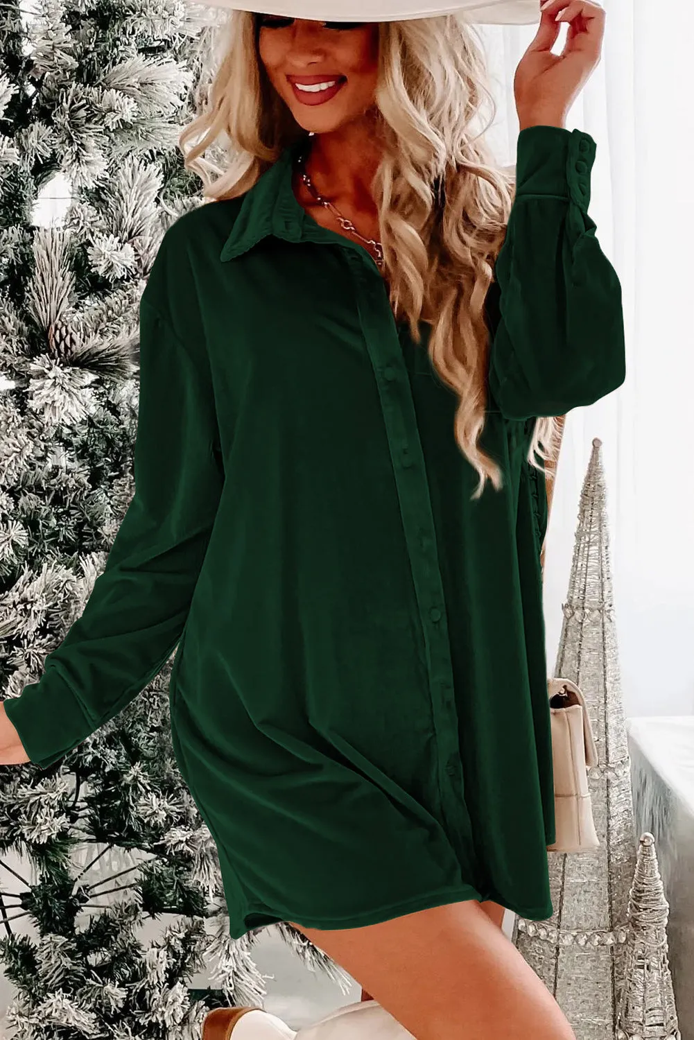 Blackish Green Velvet Button Front Shirt Mini Dress sold by Beagle Boutique product image thumbnail 2