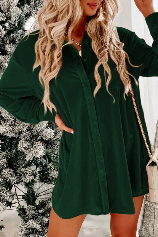 Blackish Green Velvet Button Front Shirt Mini Dress sold by Beagle Boutique