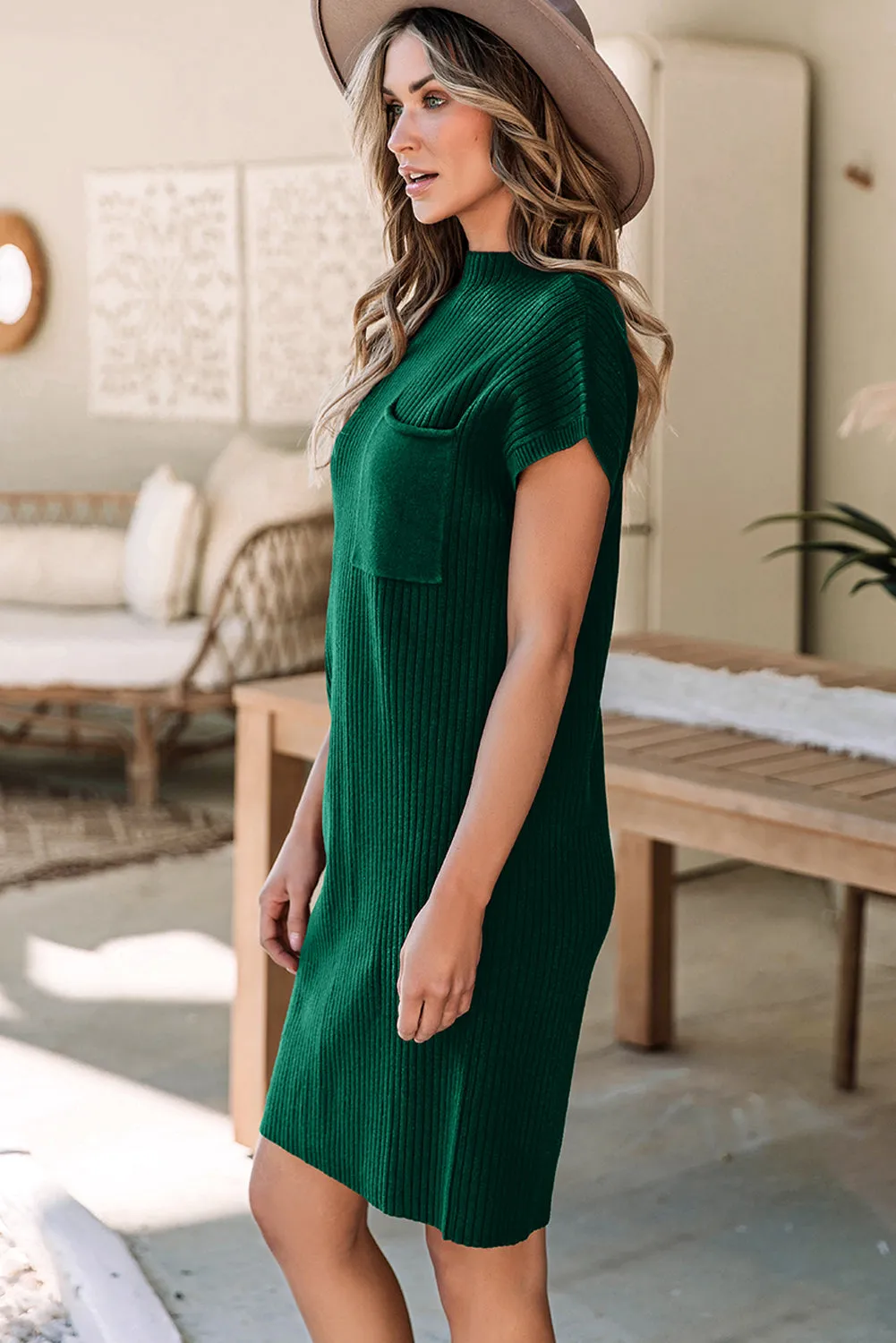 Blackish Green Patch Pocket Ribbed Knit Short Sleeve Sweater Dress sold by Beagle Boutique product image thumbnail 3