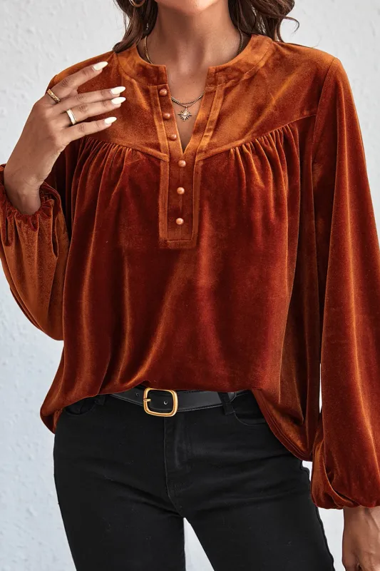 Gold Flame Lantern Sleeve Beaded Split V Neck Velvet Top sold by Beagle Boutique