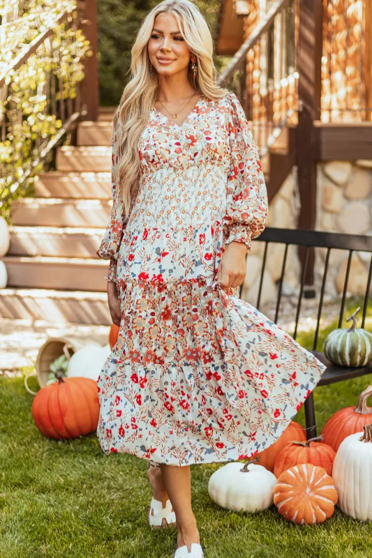 Khaki Floral Print Ruffled Tiered Long Sleeve V Neck Midi Dress sold by Beagle Boutique