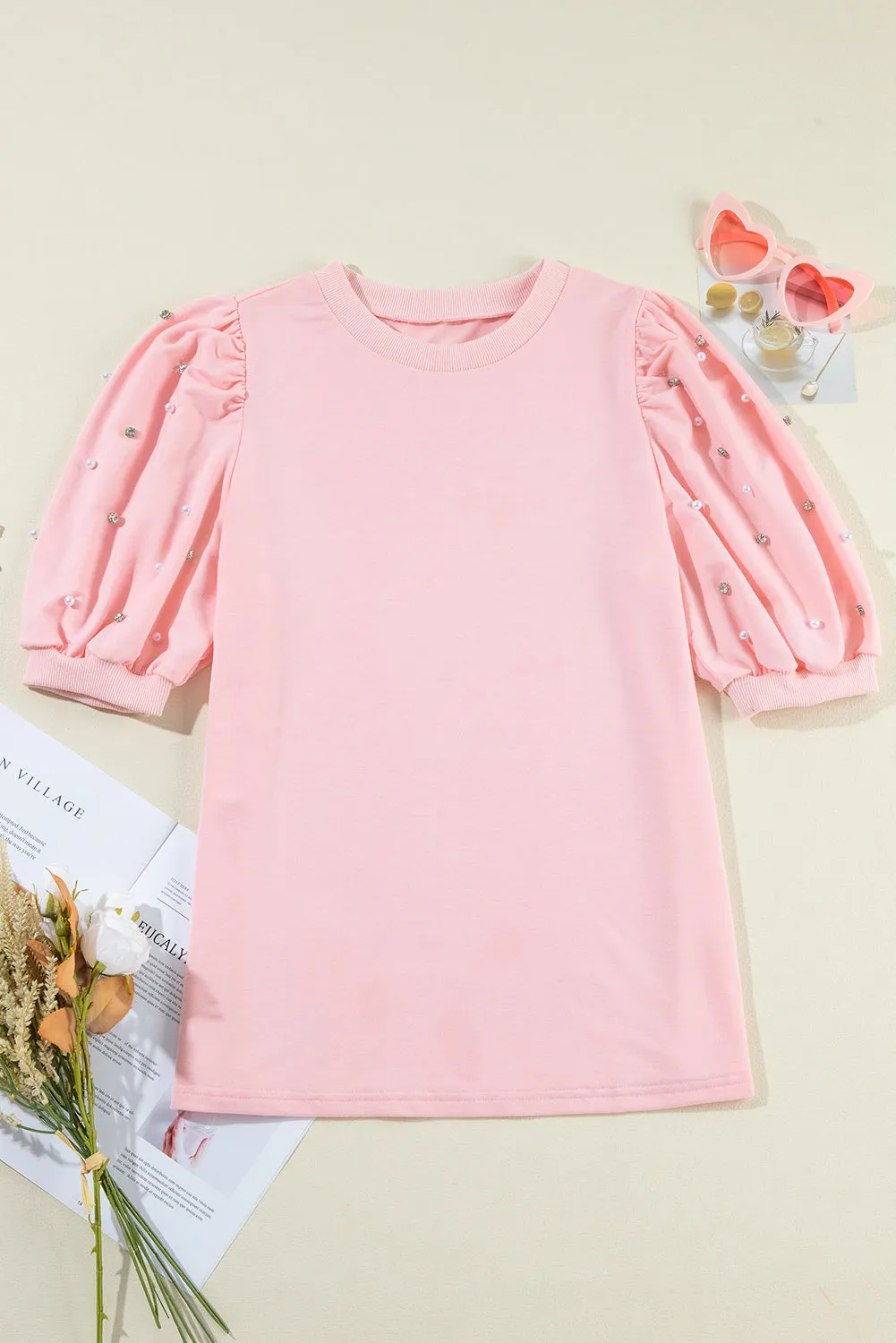 Light Pink Rhinestone Pearl Puff Half Sleeve Top sold by Beagle Boutique product image thumbnail 3