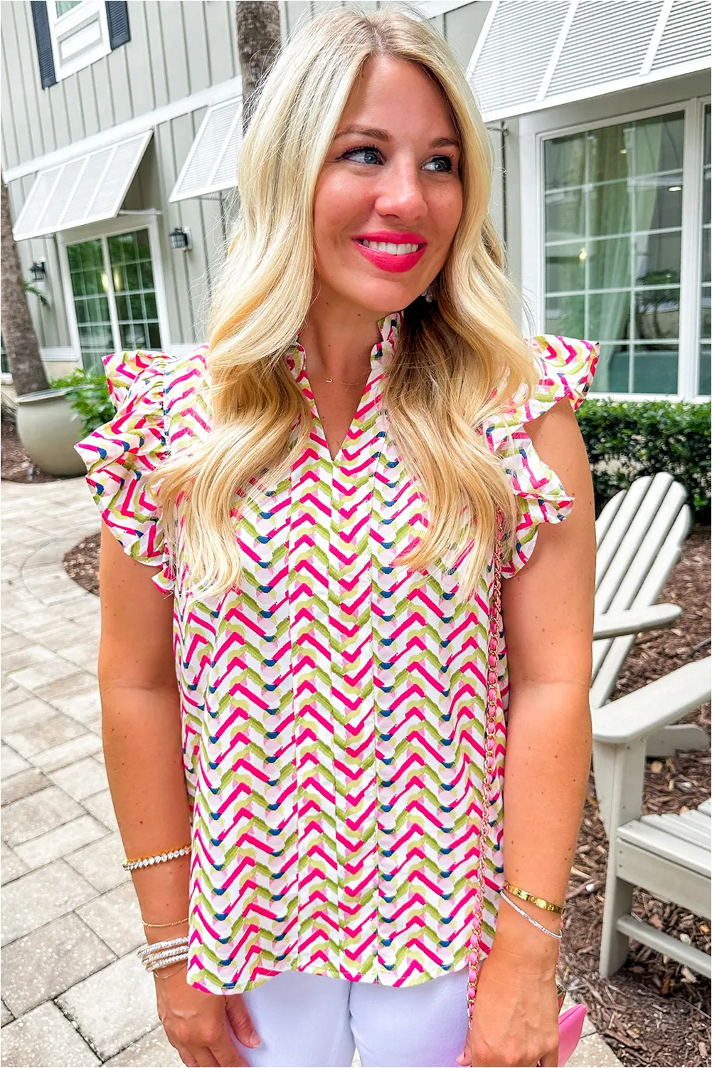 Multicolour Chevron Print Ruffled Sleeve Blouse sold by Beagle Boutique product image thumbnail 3