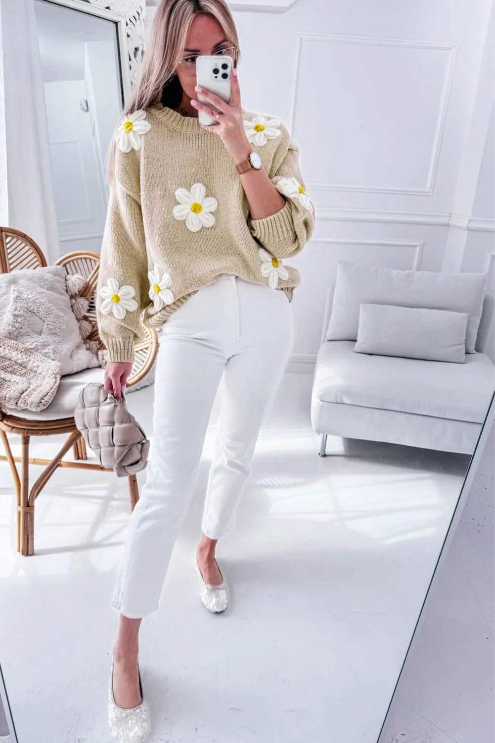 White Floral Crochet Chunky Knit Sweater sold by Beagle Boutique product image thumbnail 5