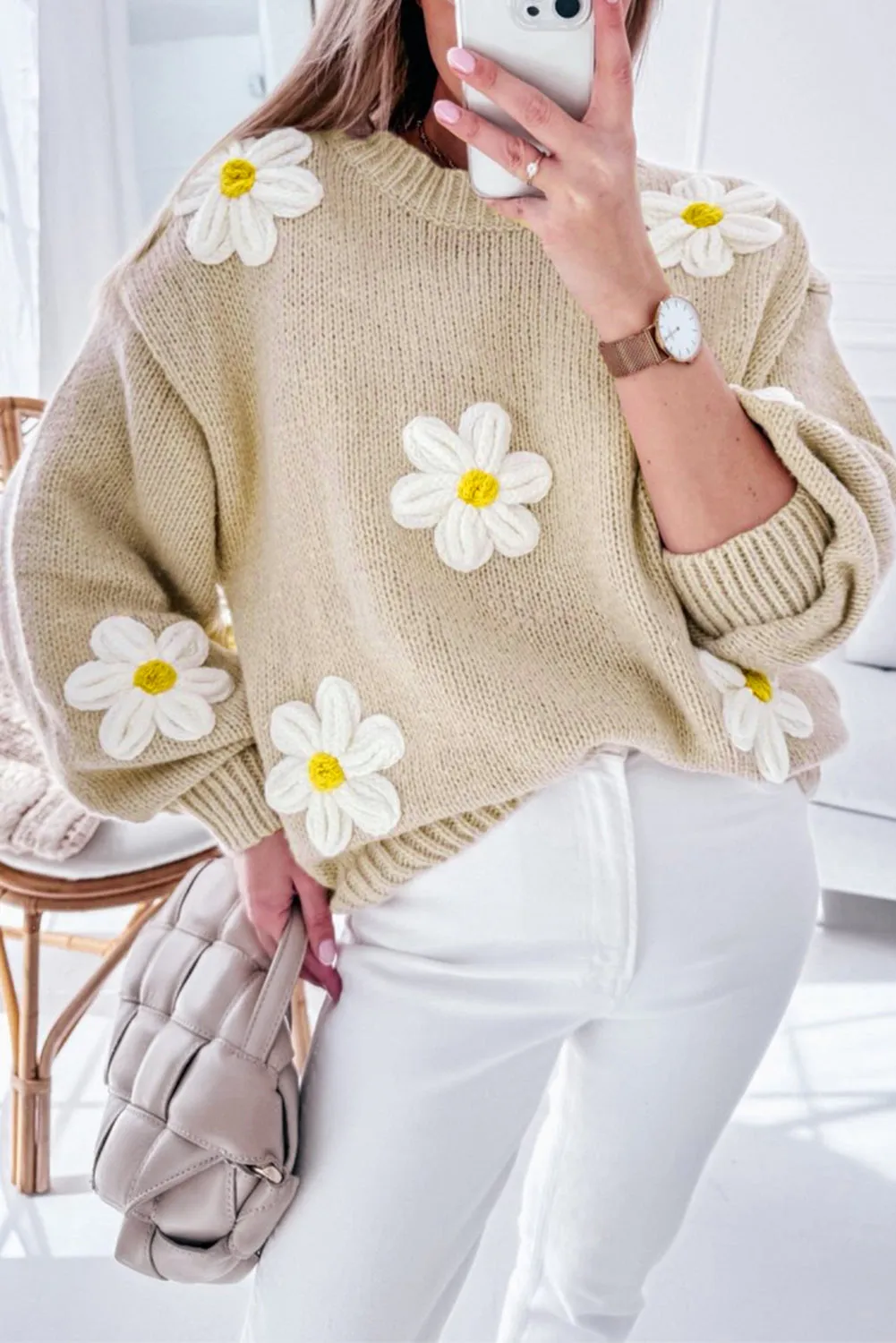White Floral Crochet Chunky Knit Sweater sold by Beagle Boutique product image thumbnail 4