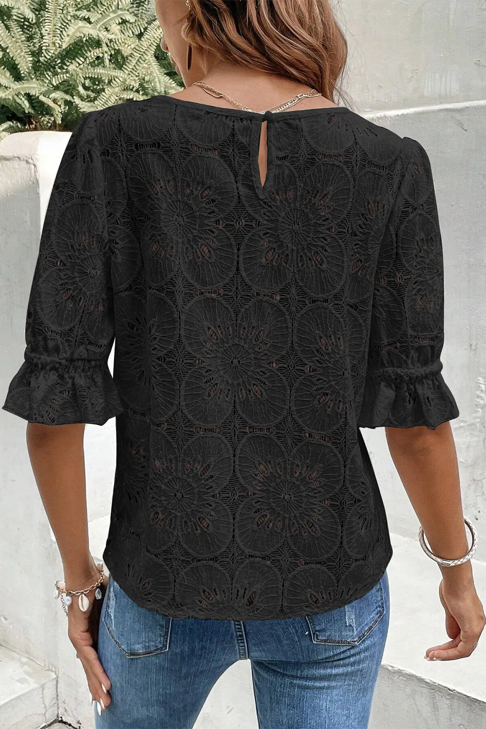 Black Flower Eyelet Jacquard Keyhole Flounce Sleeve Top sold by Beagle Boutique product image thumbnail 2