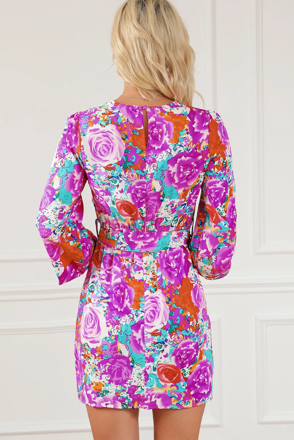 Purple Floral Keyhole Back Long Sleeve Belted Dress sold by Beagle Boutique product image thumbnail 2