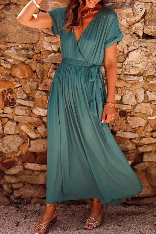 Blackish Green Solid Colour V Neck Wrap Pleated Short Sleeve Maxi Dress made by Beagle Boutique