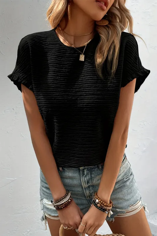 Black Solid Textured Ruffled Short Sleeve Blouse sold by Beagle Boutique