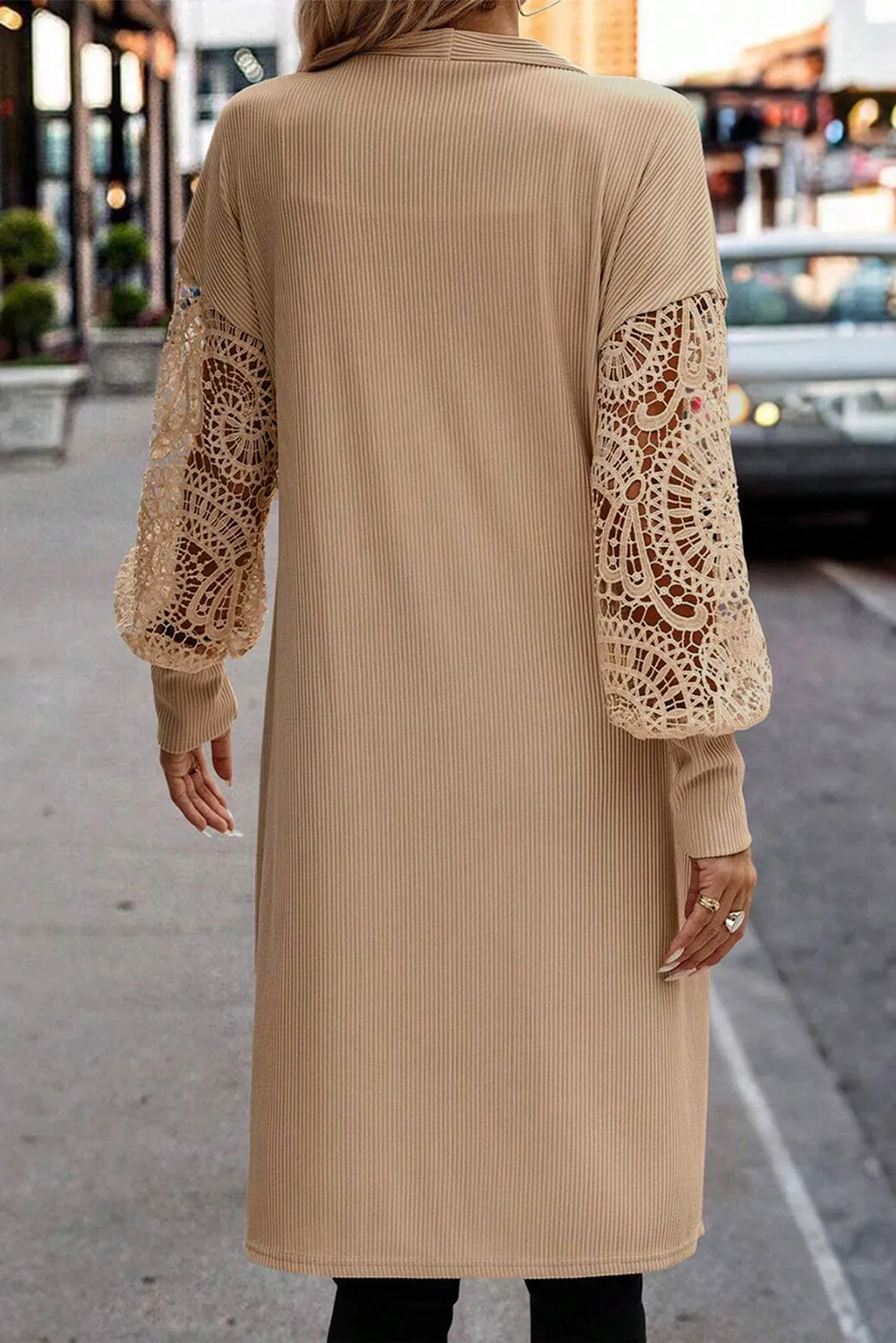 Lace Patchwork Ribbed Knit Open Front Duster Cardigan sold by Beagle Boutique product image thumbnail 2