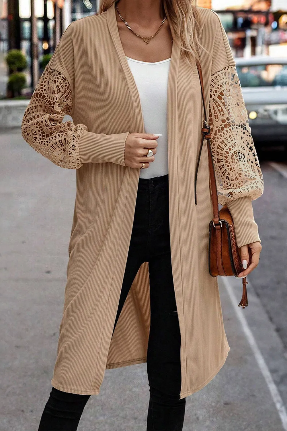 Lace Patchwork Ribbed Knit Open Front Duster Cardigan sold by Beagle Boutique