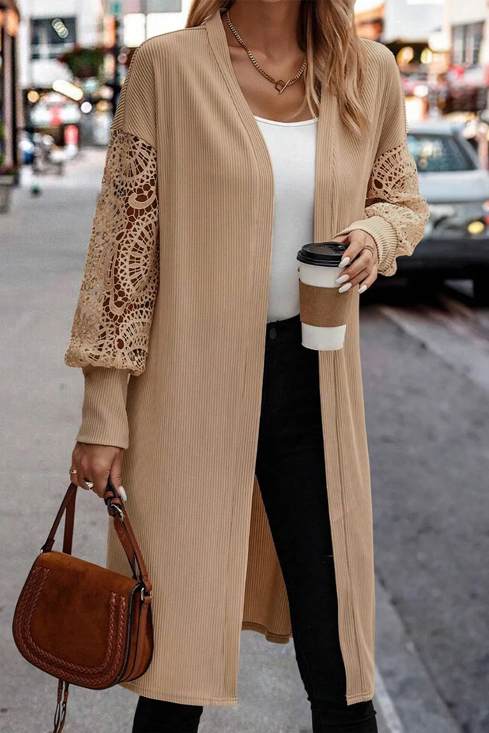 Lace Patchwork Ribbed Knit Open Front Duster Cardigan sold by Beagle Boutique product image thumbnail 3