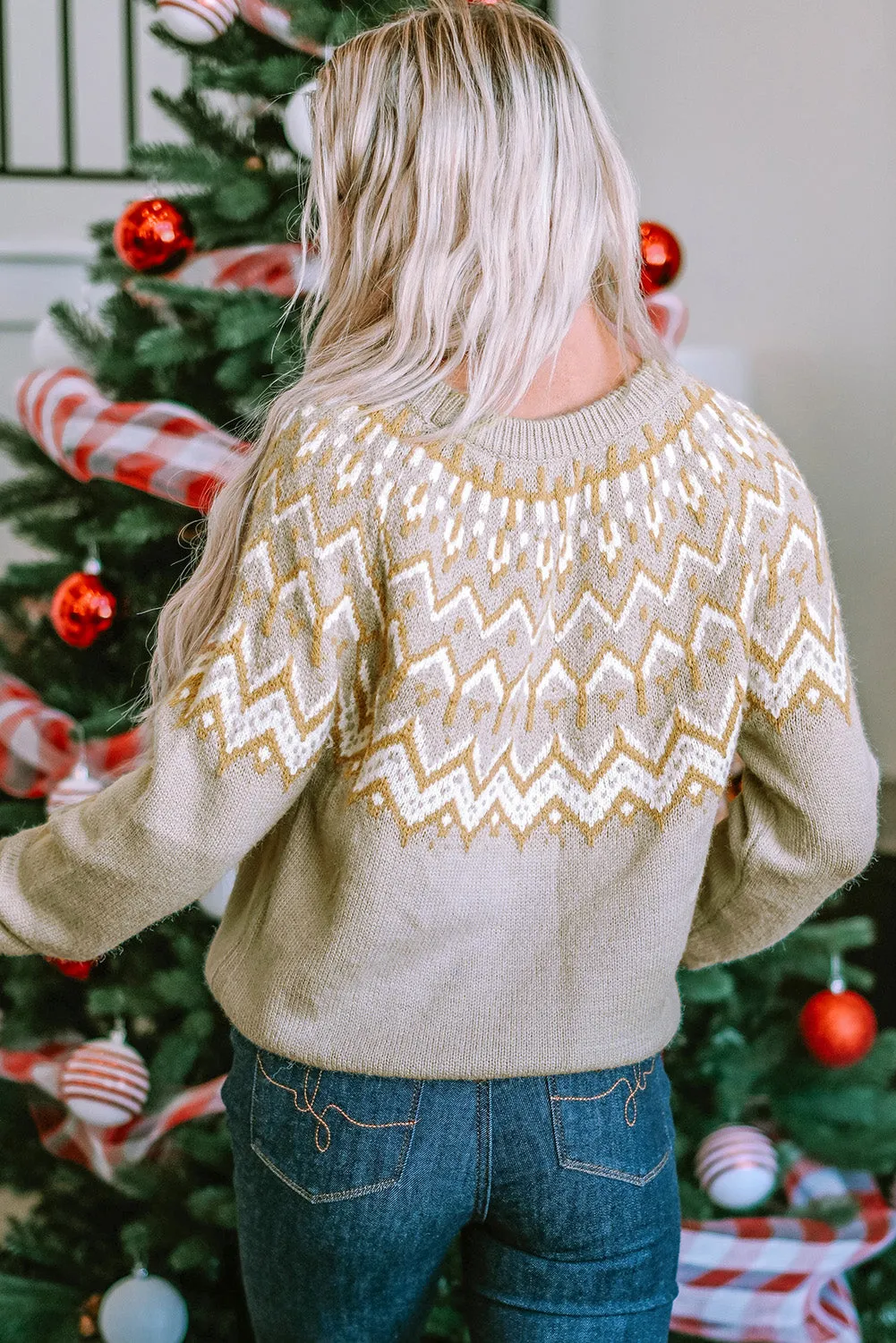 Gray Geometric Pattern Ribbed Round Neck Sweater sold by Beagle Boutique product image thumbnail 2
