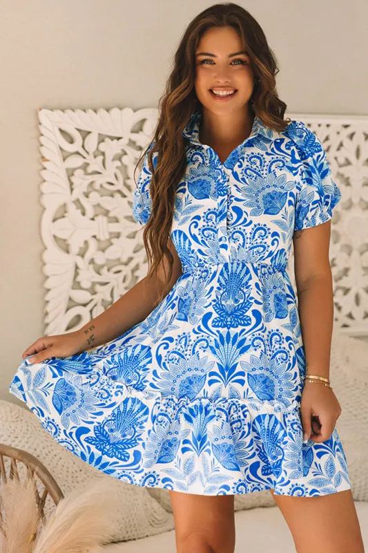 Sky Blue Retro Floral Print Drawstring Waist Ruffled Mini Dress sold by Beagle Boutique
