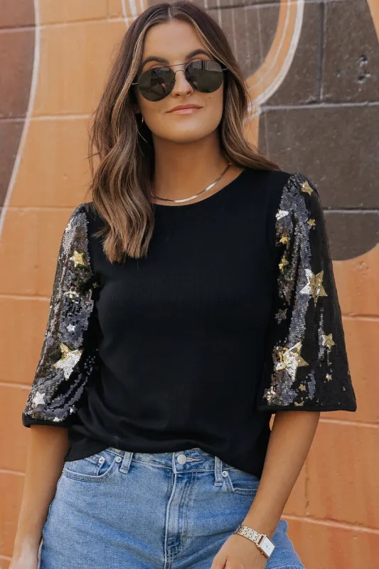 Black Star Sequin Splicing Half Sleeve Top sold by Beagle Boutique
