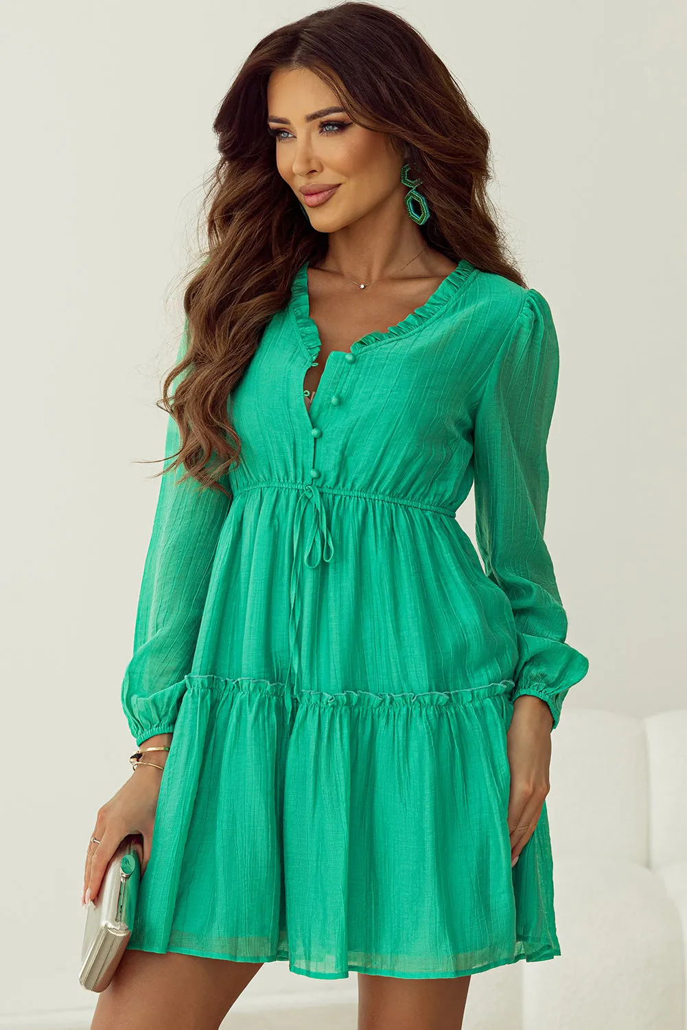 Sea Green Frilly V Neck Puff Sleeve Drawstring Shift Mini Dress sold by Beagle Boutique product image thumbnail 3