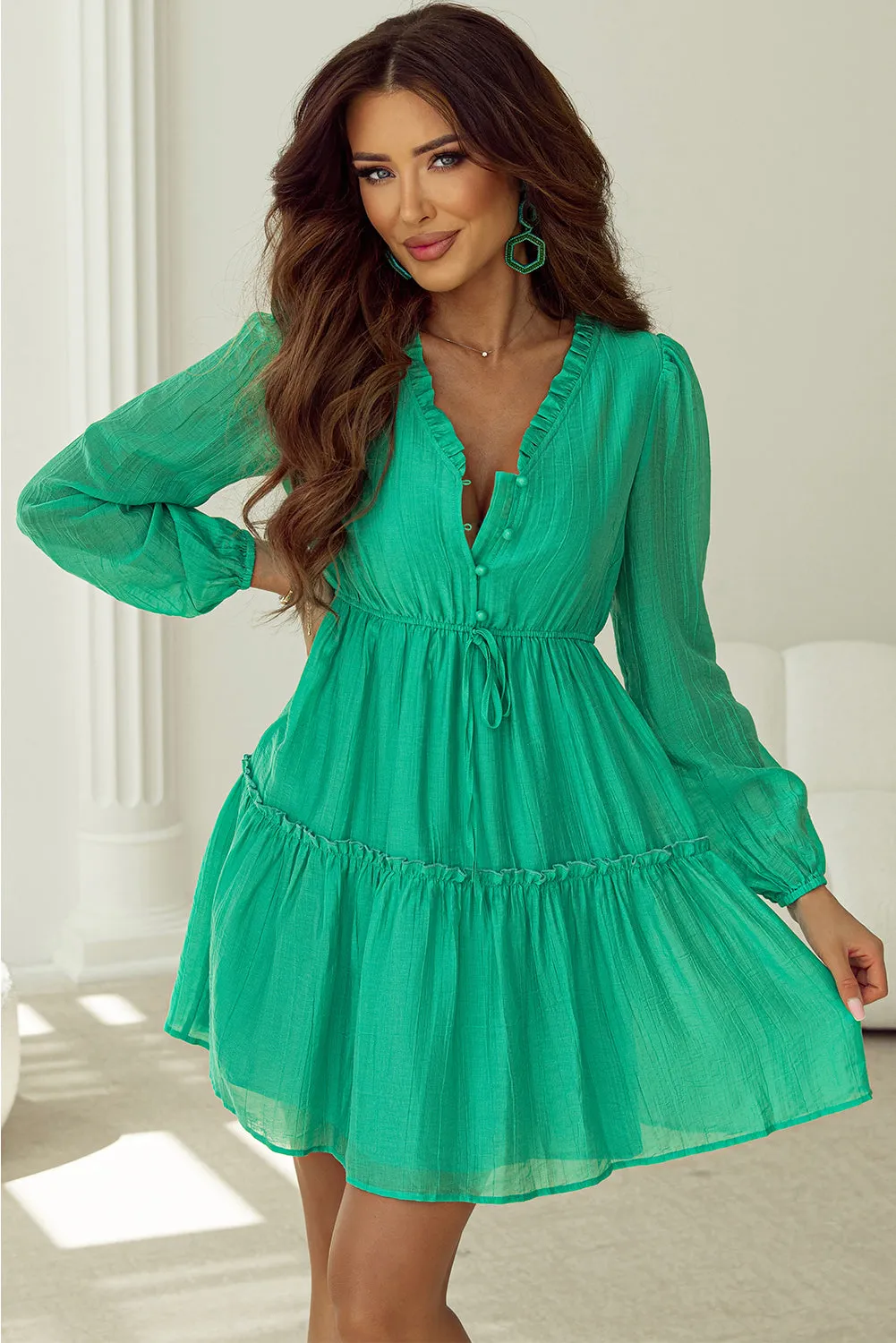 Sea Green Frilly V Neck Puff Sleeve Drawstring Shift Mini Dress sold by Beagle Boutique