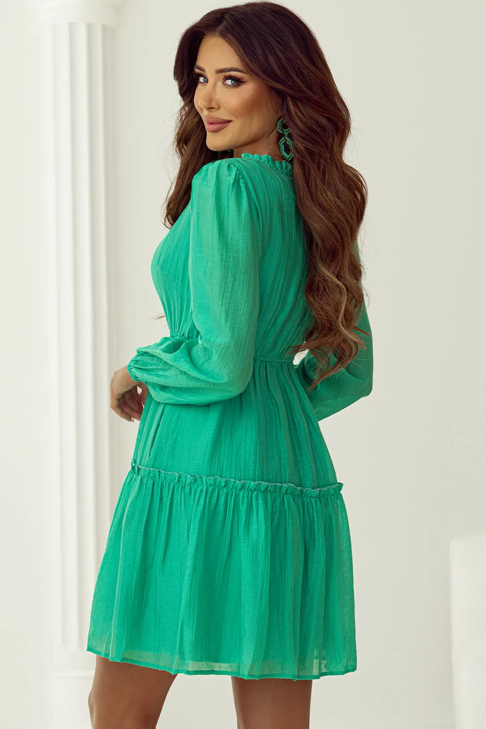 Sea Green Frilly V Neck Puff Sleeve Drawstring Shift Mini Dress sold by Beagle Boutique product image thumbnail 2