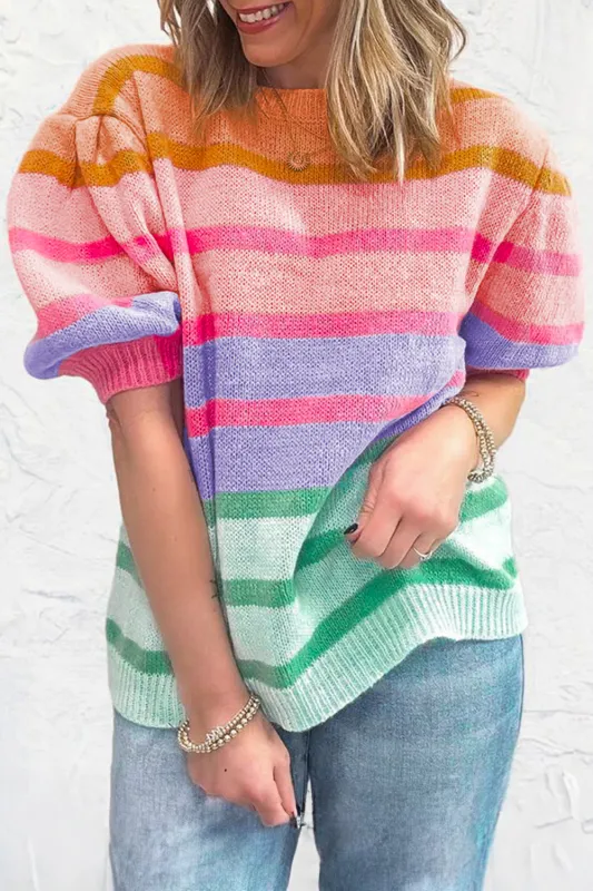 Rose Red Colorful Stripe Bubble Short Sleeve Sweater sold by Beagle Boutique