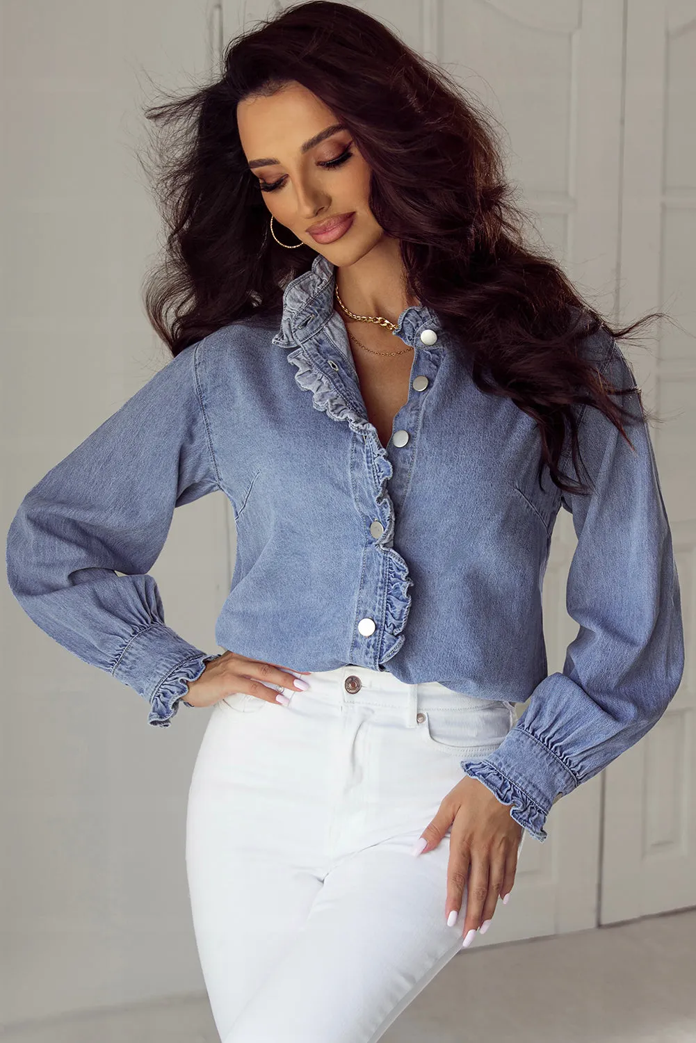 Beau Blue Ruffled Long Sleeve Buttoned Denim Shirt sold by Beagle Boutique