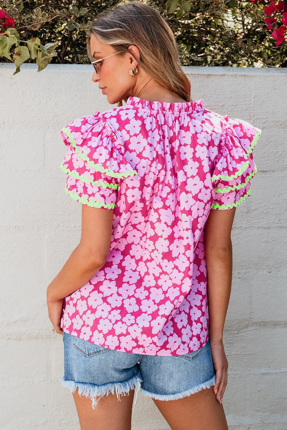 Black Floral Contrast Ric Rac Layered Ruffle Sleeve Blouse sold by Beagle Boutique product image thumbnail 5
