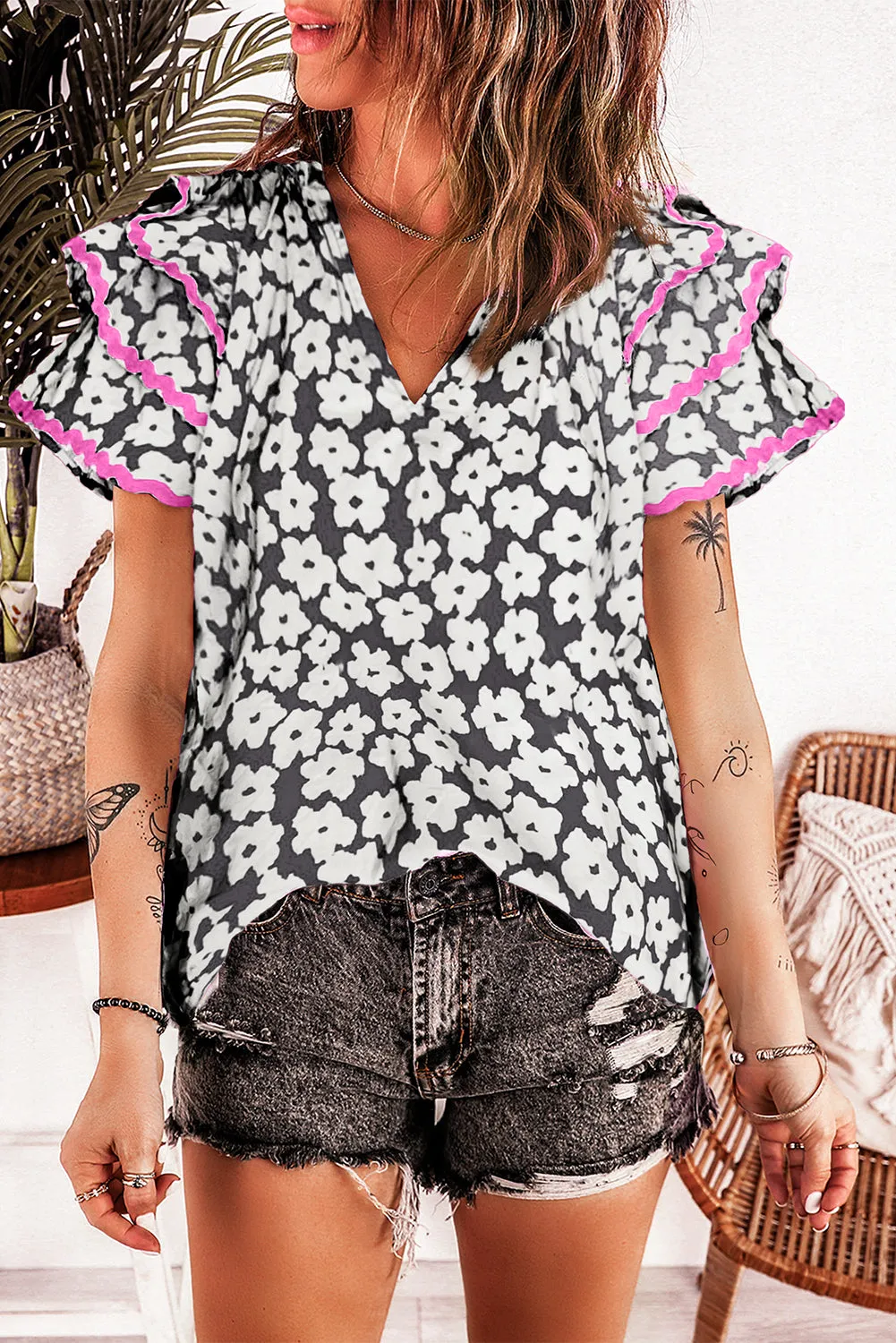 Black Floral Contrast Ric Rac Layered Ruffle Sleeve Blouse sold by Beagle Boutique