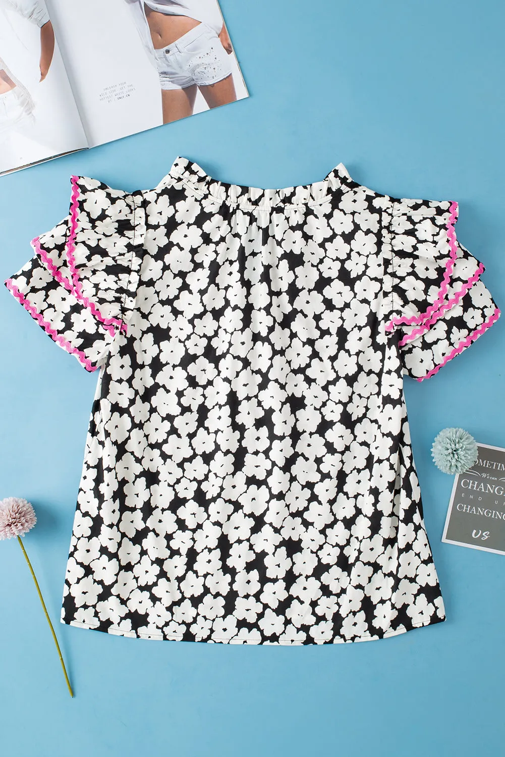 Black Floral Contrast Ric Rac Layered Ruffle Sleeve Blouse sold by Beagle Boutique product image thumbnail 3