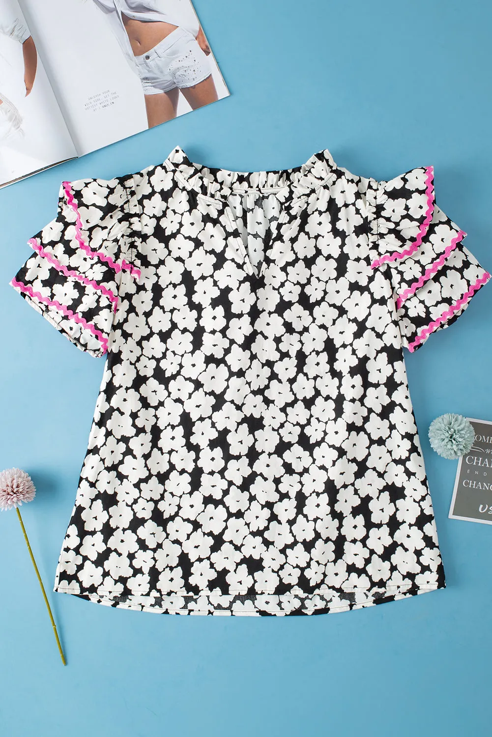 Black Floral Contrast Ric Rac Layered Ruffle Sleeve Blouse sold by Beagle Boutique product image thumbnail 2