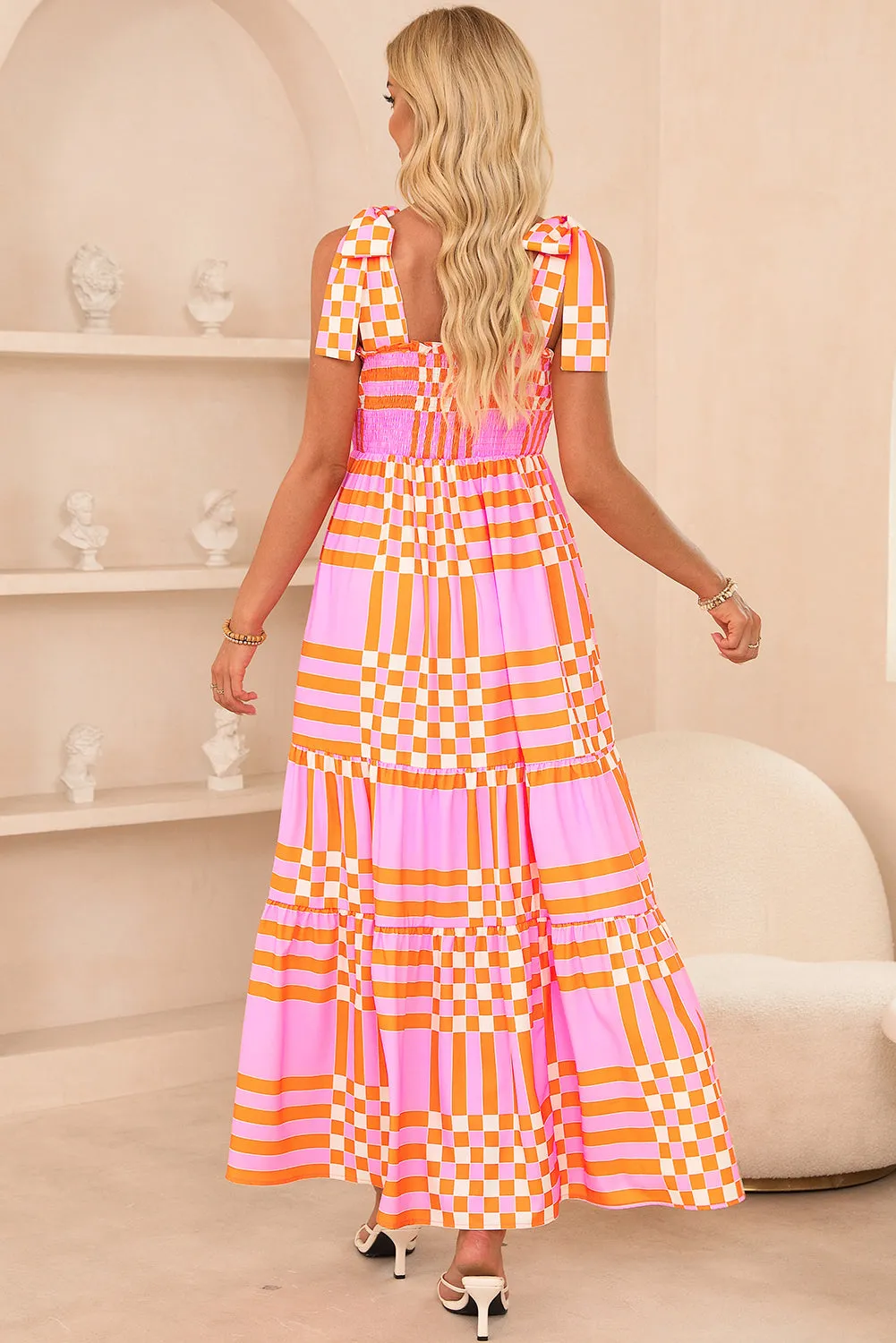 Pink Boho Gingham Tied Straps Smocked Maxi Dress sold by Beagle Boutique product image thumbnail 2