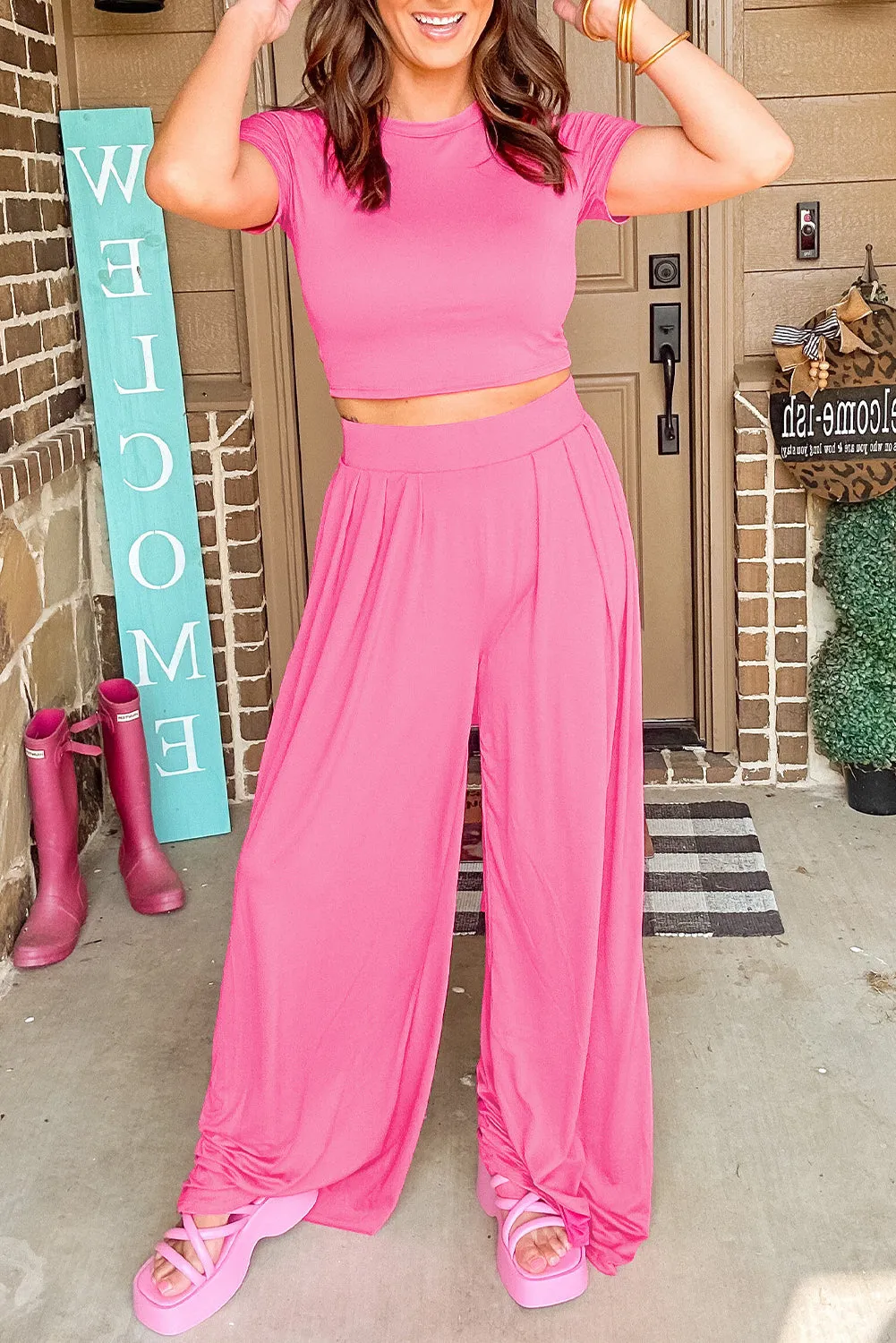 Strawberry Pink Slim Fit Crop Top and Pleated Wide Leg Trousers Set sold by Beagle Boutique