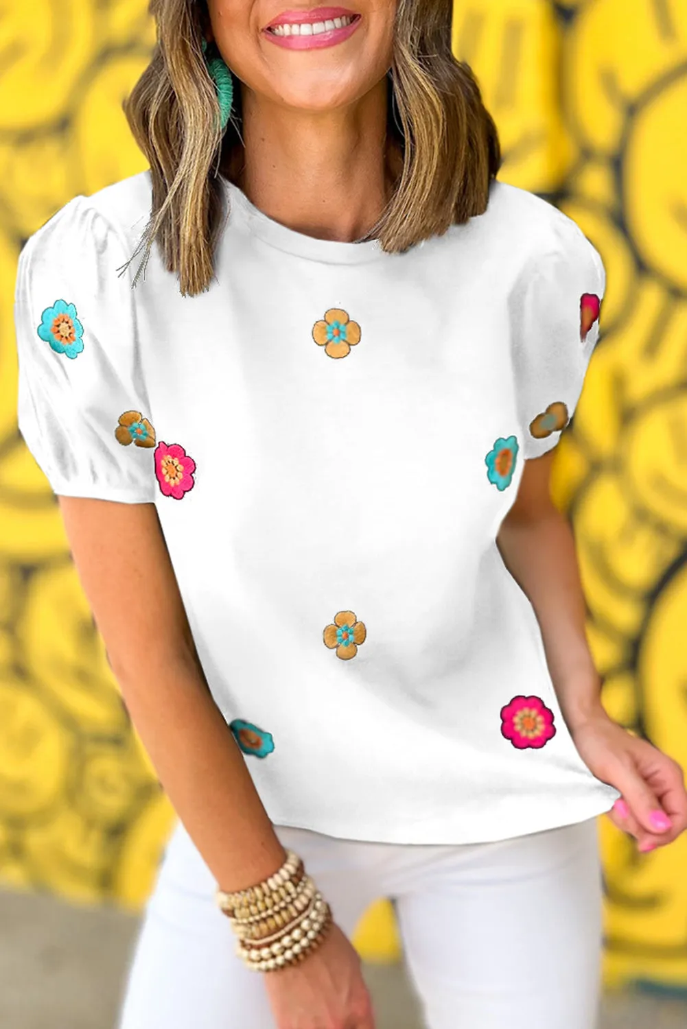 Black Embroidered Flower Short Puff Sleeve Tee sold by Beagle Boutique product image thumbnail 4