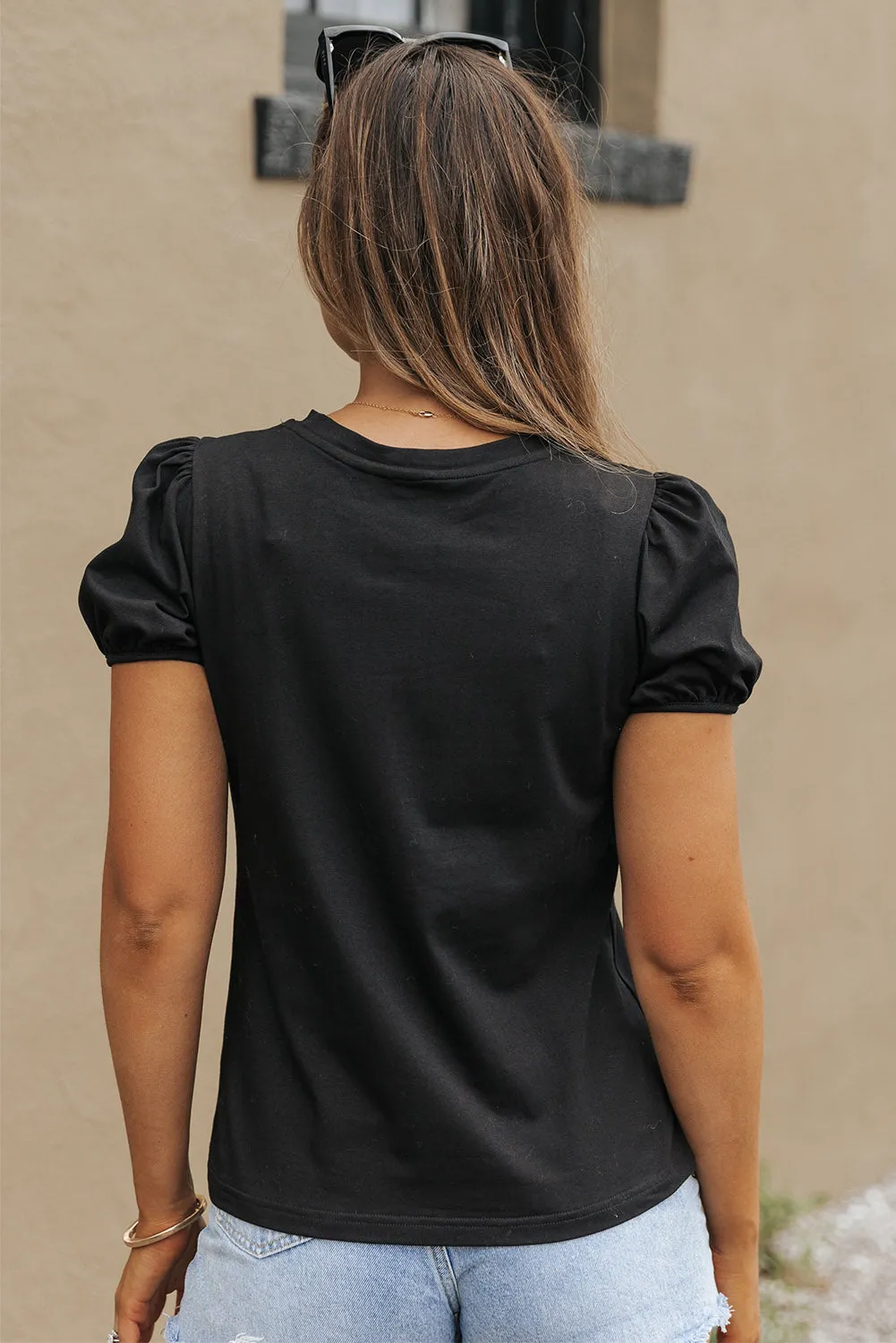 Black Embroidered Flower Short Puff Sleeve Tee sold by Beagle Boutique product image thumbnail 2