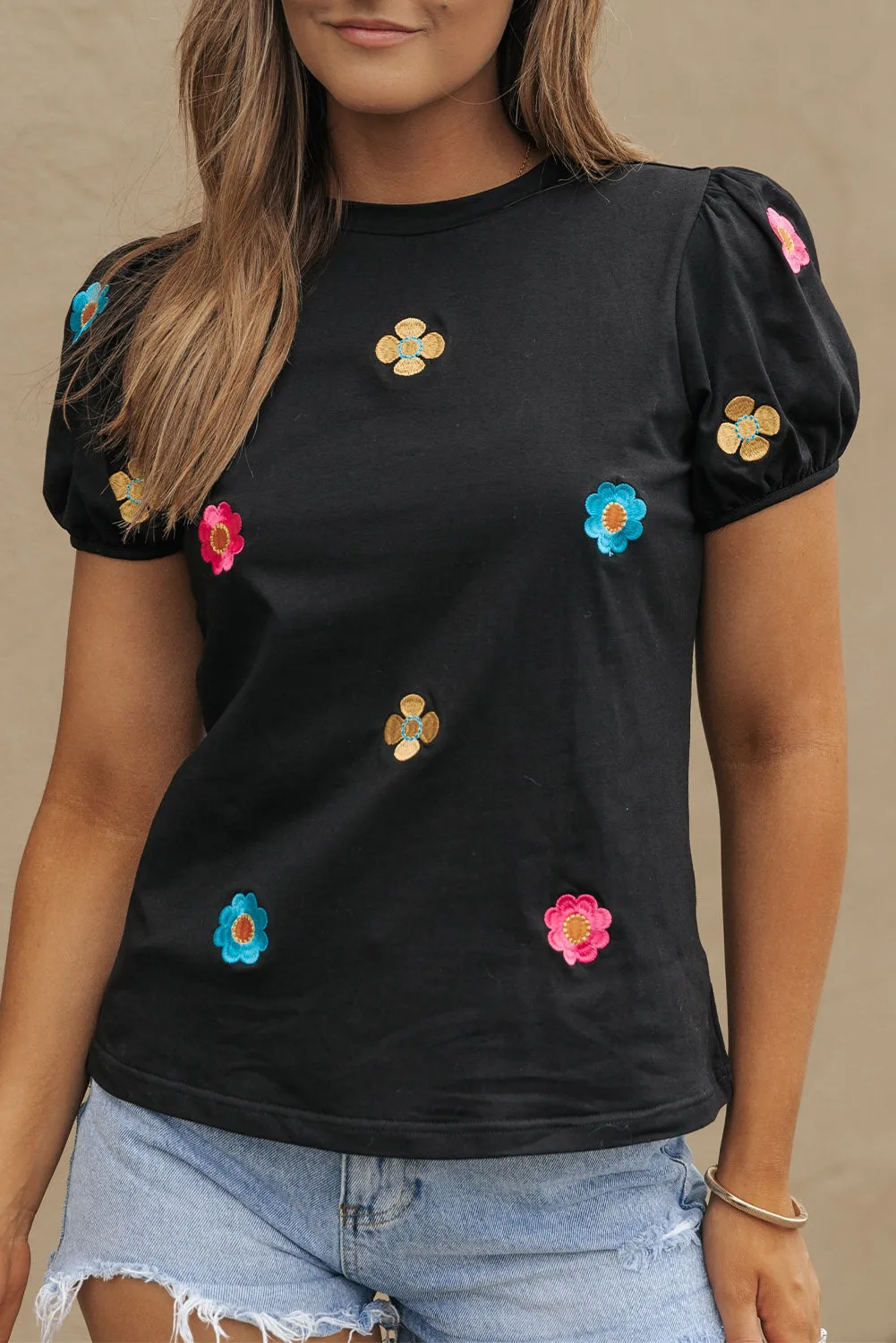 Black Embroidered Flower Short Puff Sleeve Tee sold by Beagle Boutique