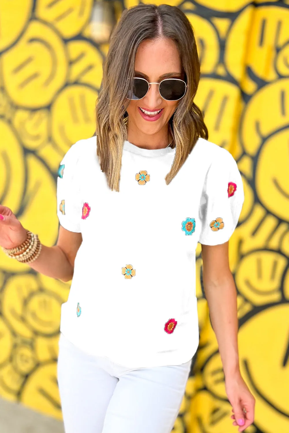 Black Embroidered Flower Short Puff Sleeve Tee sold by Beagle Boutique product image thumbnail 5