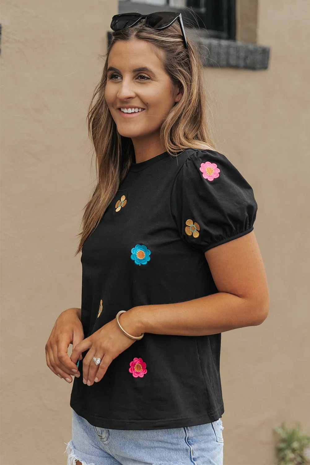 Black Embroidered Flower Short Puff Sleeve Tee sold by Beagle Boutique product image thumbnail 3