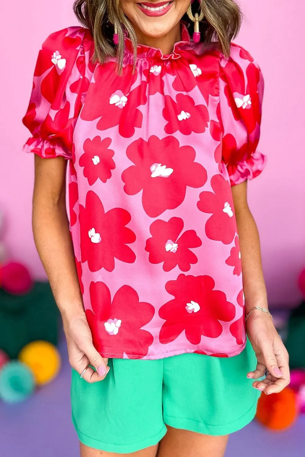 Rose Floral Puff Sleeve Frill Neckline Blouse sold by Beagle Boutique