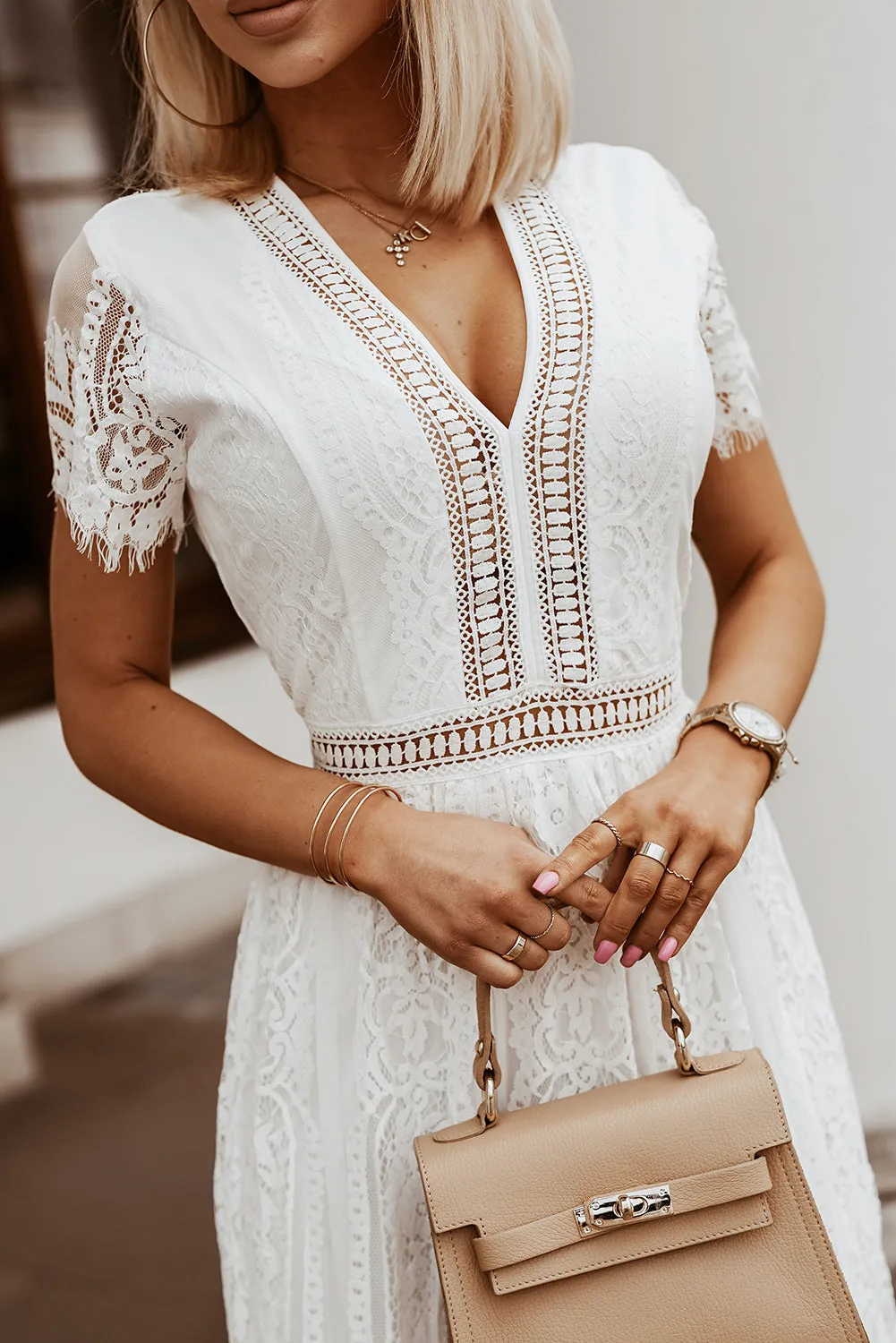 White V Neck High Waist Lace Maxi Dress sold by Beagle Boutique product image thumbnail 3
