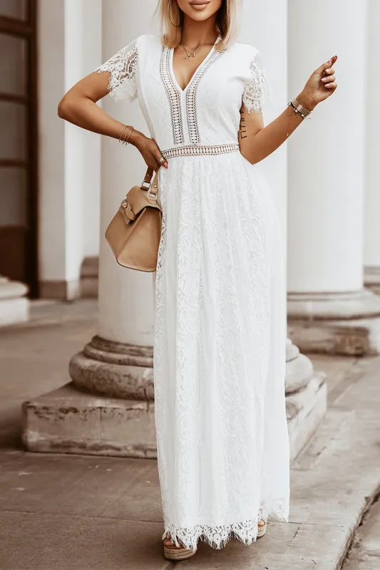 White V Neck High Waist Lace Maxi Dress sold by Beagle Boutique