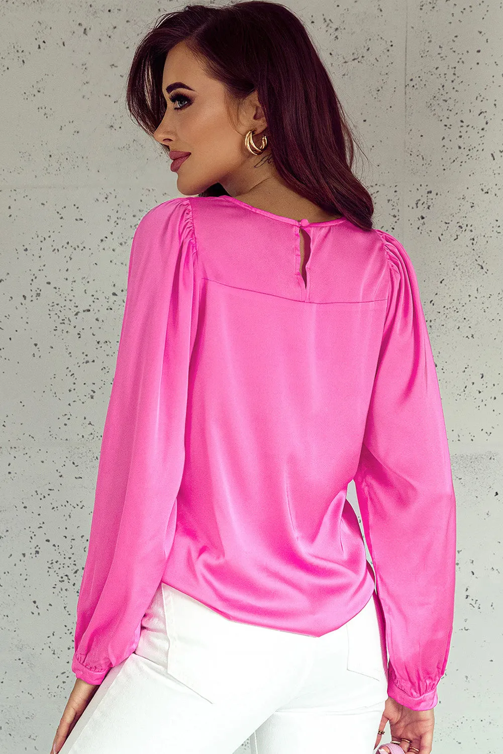 Pink Satin Puff Long Sleeve Crewneck Blouse sold by Beagle Boutique product image thumbnail 2